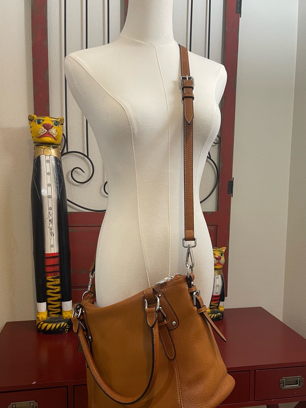HESHE Cognac Genuine Leather Satchel Shoulder Crossbody Bag - Picture 5 of 11
